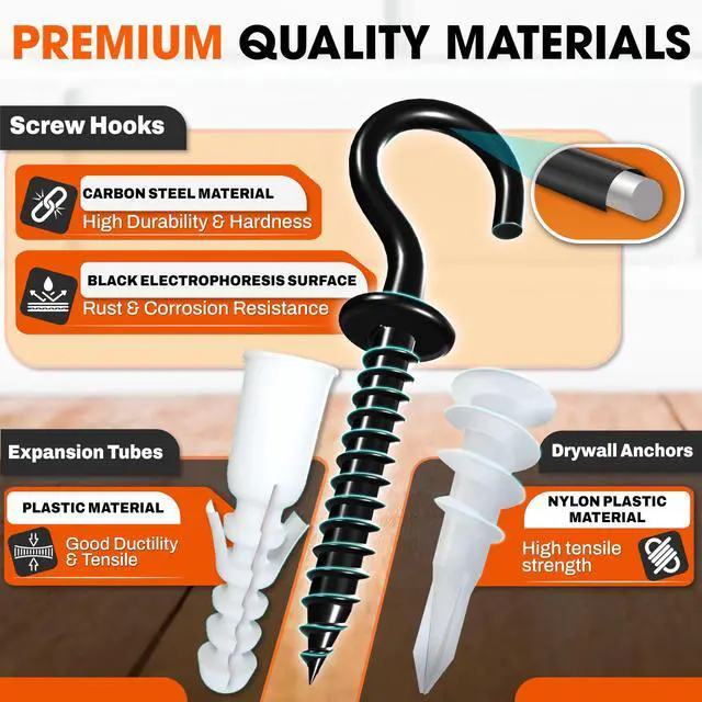Alt view image 3 of 7 - 10PCS Screw Hooks + Self-Drilling Drywall Anchor, Expansion Tubes | Coated Ceiling Hooks, Heavy-Duty Eye Hook, Screw-in Hook for Hanging Plants, String Lights, Cup, Key