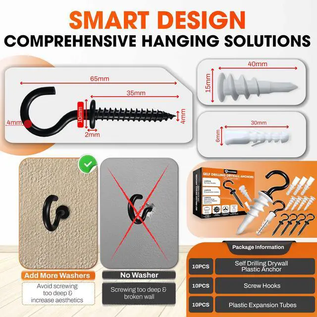 Alt view image 4 of 7 - 10PCS Screw Hooks + Self-Drilling Drywall Anchor, Expansion Tubes | Coated Ceiling Hooks, Heavy-Duty Eye Hook, Screw-in Hook for Hanging Plants, String Lights, Cup, Key