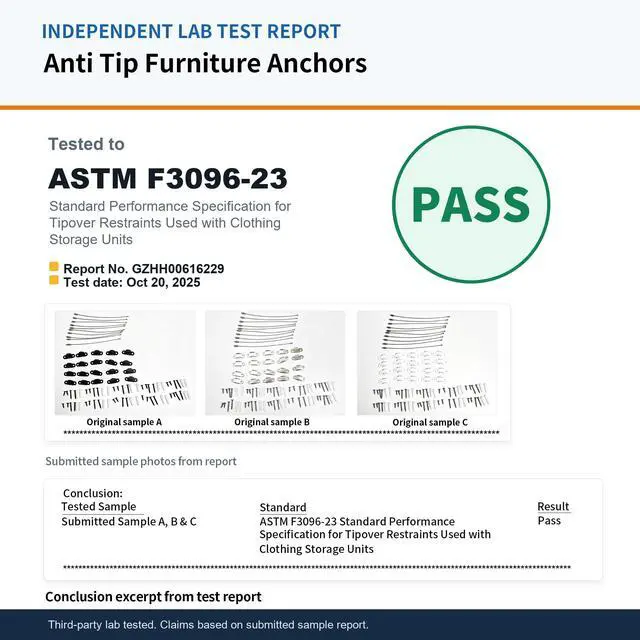 Alt view image 6 of 7 - Furniture Anchors 10 Pack, Anti Tip Kit for Baby Proofing | ASTM F3096-23 Tested Furniture Wall Anchors for Dressers, Cabinets, Drawers, Earthquake Straps, Quick Release, White