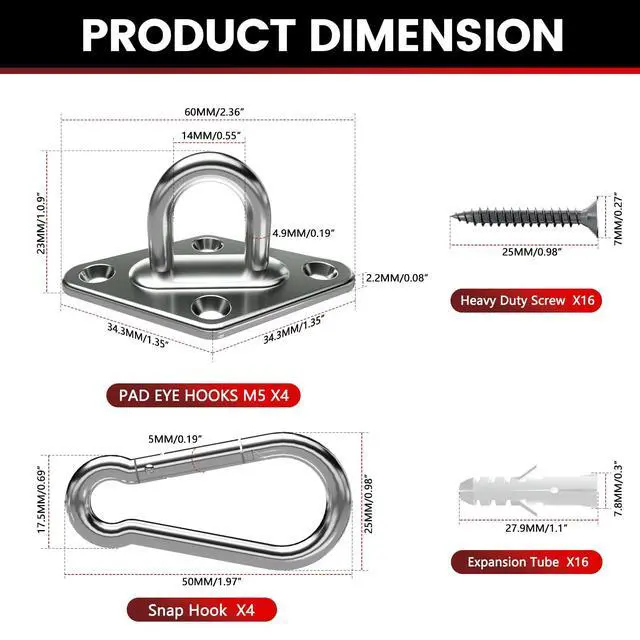 Alt view image 4 of 7 - 304 Stainless Steel Pad Eye Snap Hook, M5 Ceiling Hook 500Lb,8Pcs | Hanging Kit with Screws for Hammock Chair Swing, Yoga Gym Equipment, Sun Shade Sail, Plant Hangers & Marine Boat Hardware