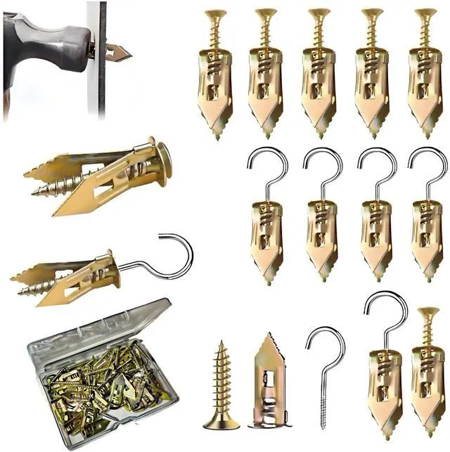 Main image of 60 Piece Self Drilling Drywall Anchors Kit with Hooks | hammer in, screw down, steel wings grip behind the board: 30 anchors, 25 screws, 5 hooks for one room of light decor