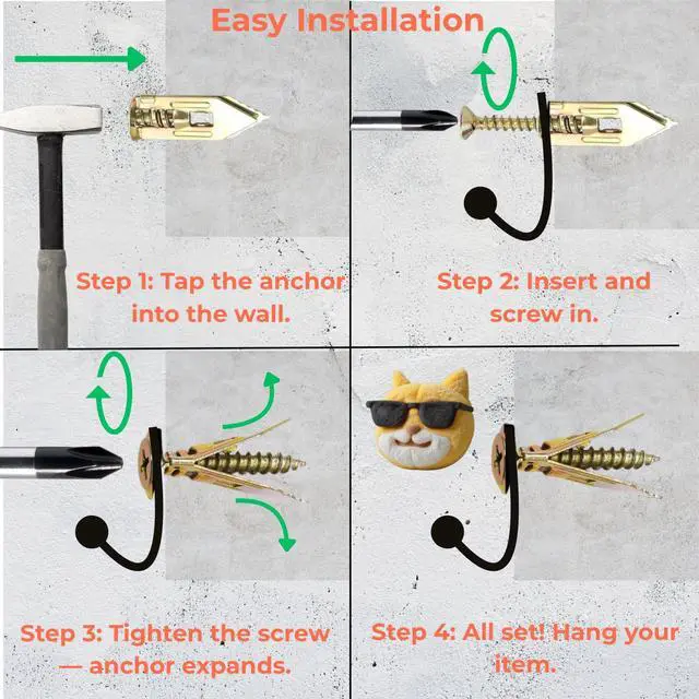 Alt view image 5 of 7 - 60 Piece Self Drilling Drywall Anchors Kit with Hooks | hammer in, screw down, steel wings grip behind the board: 30 anchors, 25 screws, 5 hooks for one room of light decor