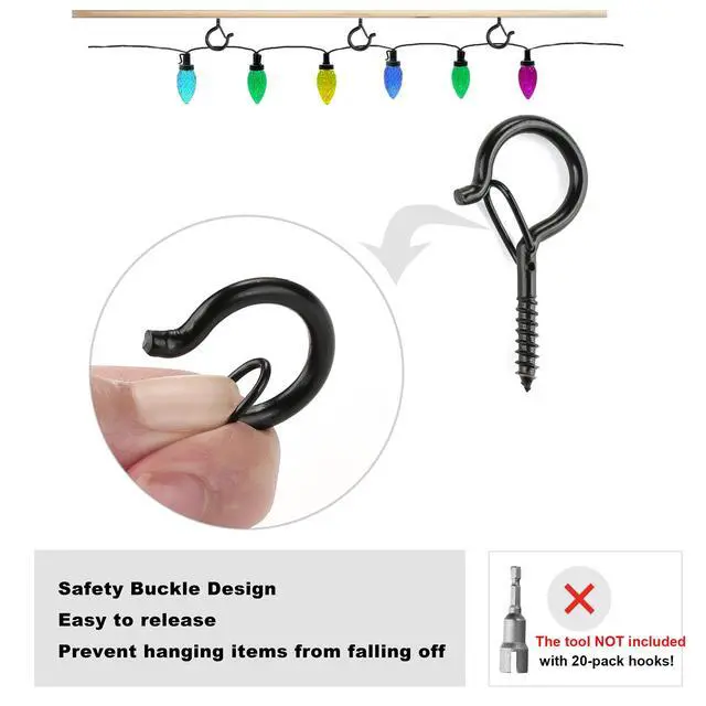 Alt view image 2 of 7 - 20 Pack Screw Hooks for Hanging Plants Outdoor Lights(Black) | Christmas Seasonal Lighting, Heavy Duty 2.2 Inch Eye Hook Cup Ceiling Hook Q-Hanger for Patio, Wall Wood Ceiling Deck Mount