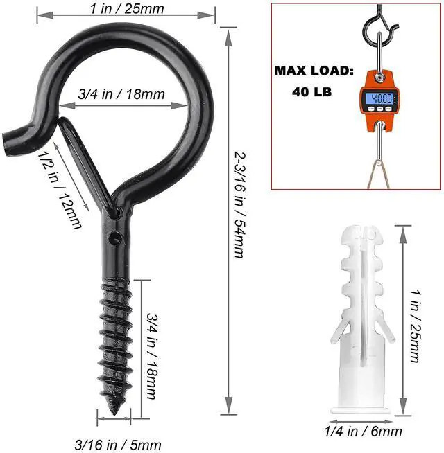 Alt view image 5 of 7 - 20 Pack Screw Hooks for Hanging Plants Outdoor Lights(Black) | Christmas Seasonal Lighting, Heavy Duty 2.2 Inch Eye Hook Cup Ceiling Hook Q-Hanger for Patio, Wall Wood Ceiling Deck Mount