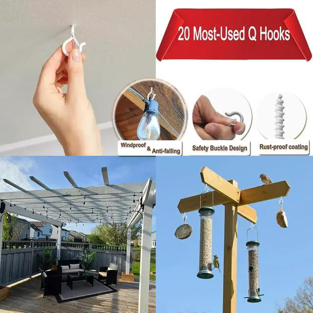 Alt view image 7 of 7 - 20 Pack Q Hanger Hooks with Safety Buckle, Rustproof Screw Hooks for Hanging String Lights, Bird Feeder, Plants, Wind Chimes & Holiday Decorations, Holds Up to 40 lbs2.2" White Vinyl Coated