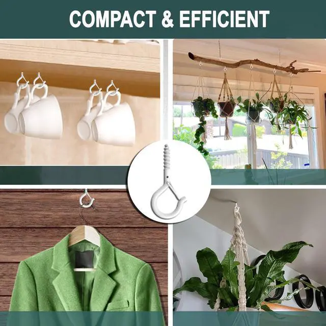 Alt view image 5 of 7 - 20 Pack Q Hanger Hooks with Safety Buckle, Rustproof Screw Hooks for Hanging String Lights, Bird Feeder, Plants, Wind Chimes & Holiday Decorations, Holds Up to 40 lbs2.2" White Vinyl Coated