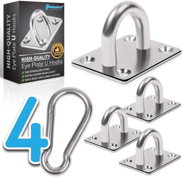 Main image of Premium M6 Heavy-Duty Stainless Steel Pad Eye Snap Hook, Ceiling Hook, 8PCS | 4PCS Pad Eye Plate U Hooks + 4PCS Snap Hooks