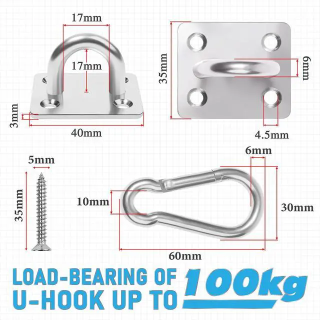 Alt view image 3 of 7 - Premium M6 Heavy-Duty Stainless Steel Pad Eye Snap Hook, Ceiling Hook, 8PCS | 4PCS Pad Eye Plate U Hooks + 4PCS Snap Hooks