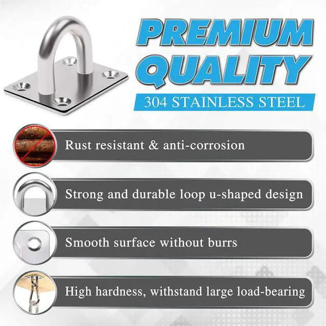 Alt view image 4 of 7 - Premium M8 Heavy-Duty Stainless Steel Pad Eye Snap Hook, Ceiling Hook, 4PCS | 2PCS Pad Eye Plate U Hooks + 2PCS Snap Hooks