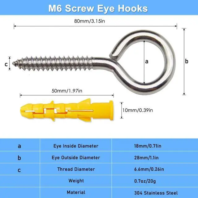 Alt view image 2 of 7 - 6 Pack 304 Stainless Steel Eye Hook Screws with Expansion Anchors, 3.2 inch Heavy Duty Wall Hanging Screw Eye Bolts(M6)