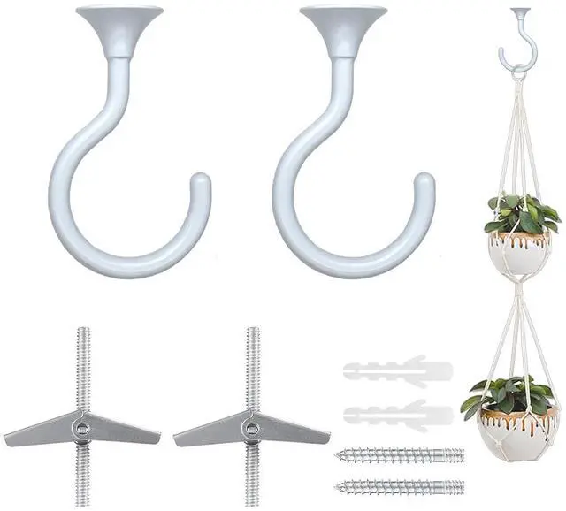 Main image of Heavy Duty Ceiling Hooks for Hanging Plants 2 Pack (White) | Holds 30 lbs on wood & concrete, 20 lbs on drywall; 2.4" zinc alloy swag hook for macrame, lanterns & pendant lights