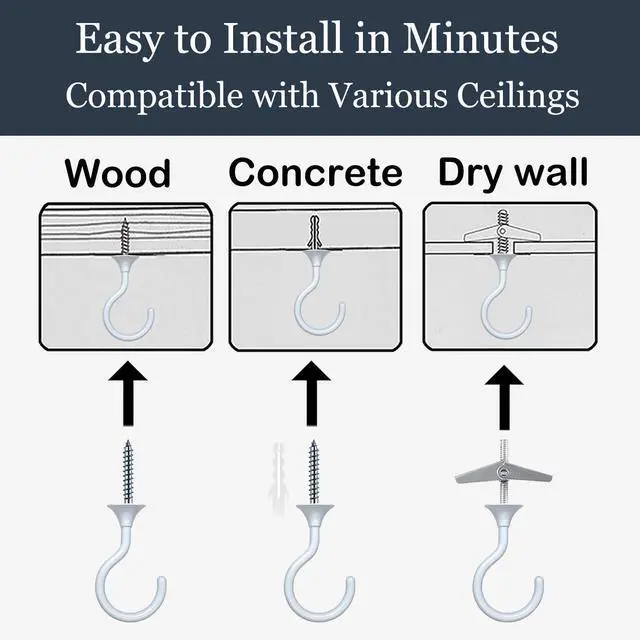 Alt view image 4 of 7 - Heavy Duty Ceiling Hooks for Hanging Plants 2 Pack (White) | Holds 30 lbs on wood & concrete, 20 lbs on drywall; 2.4" zinc alloy swag hook for macrame, lanterns & pendant lights