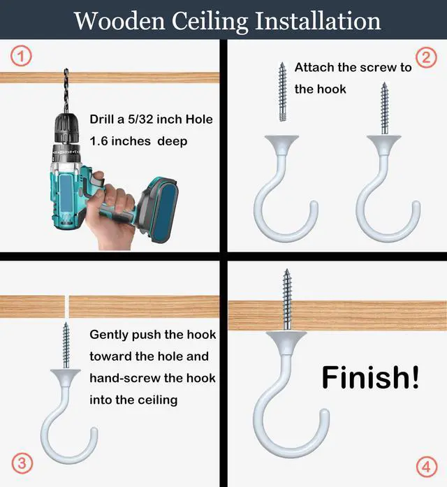 Alt view image 5 of 7 - Heavy Duty Ceiling Hooks for Hanging Plants 2 Pack (White) | Holds 30 lbs on wood & concrete, 20 lbs on drywall; 2.4" zinc alloy swag hook for macrame, lanterns & pendant lights