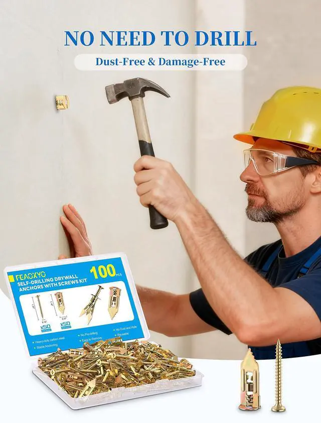 Alt view image 4 of 7 - 100 PCS Self Drilling Drywall Anchors with Screws Kit, Zinc Plated | Wall Anchors Provide Secure Installation for Sheetrock Projects, Ideal for Shelves, Mirrors, Picture Frames and Home Decor