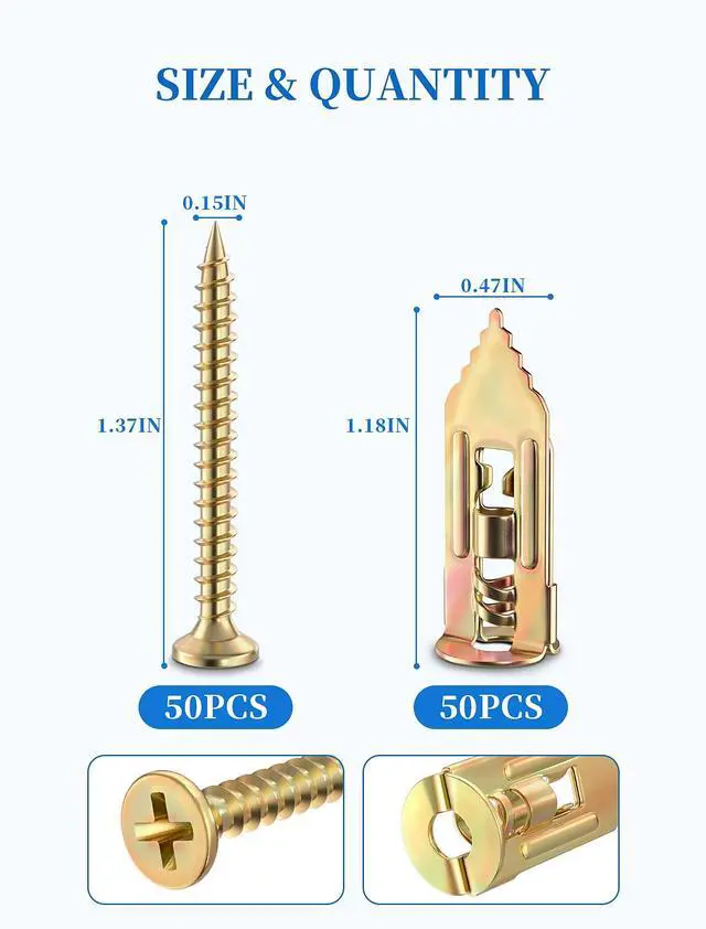Alt view image 2 of 7 - 100 PCS Self Drilling Drywall Anchors with Screws Kit, Zinc Plated | Wall Anchors Provide Secure Installation for Sheetrock Projects, Ideal for Shelves, Mirrors, Picture Frames and Home Decor
