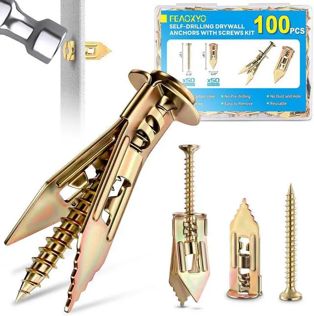 Main image of 100 PCS Self Drilling Drywall Anchors with Screws Kit, Zinc Plated | Wall Anchors Provide Secure Installation for Sheetrock Projects, Ideal for Shelves, Mirrors, Picture Frames and Home Decor