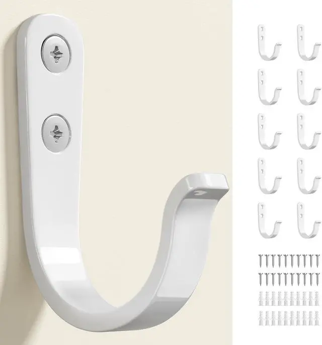 Main image of 10Pcs Wall Hooks, White Metal Coat and Towel Hooks, Holds Up to 40 lbs | For Bathroom, Kitchen, Closet, and Garage, Metal, For Hanging Coats, Towels, Hats, Keys, Bags,and Coffee Cups