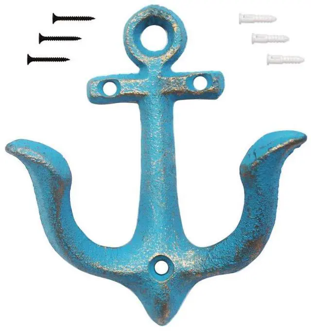 Main image of (Blue) Vintage Rustic Cast Iron Nautical Anchor Design Wall Hooks Coat Hooks Rack, Decorative Wall Mounted Antique Shabby Chic Metal Home Bathroom Towel Coat Hooks Hanger