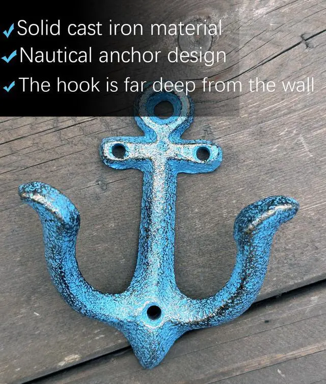 Alt view image 2 of 7 - (Blue) Vintage Rustic Cast Iron Nautical Anchor Design Wall Hooks Coat Hooks Rack, Decorative Wall Mounted Antique Shabby Chic Metal Home Bathroom Towel Coat Hooks Hanger