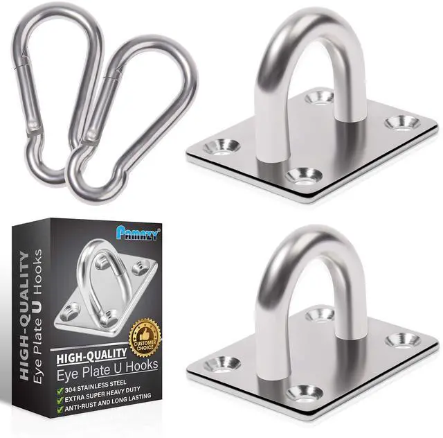 Main image of Premium M8 Heavy-Duty Stainless Steel Pad Eye Snap Hook, Ceiling Hook, 4PCS | 2PCS Pad Eye Plate U Hooks + 2PCS Snap Hooks