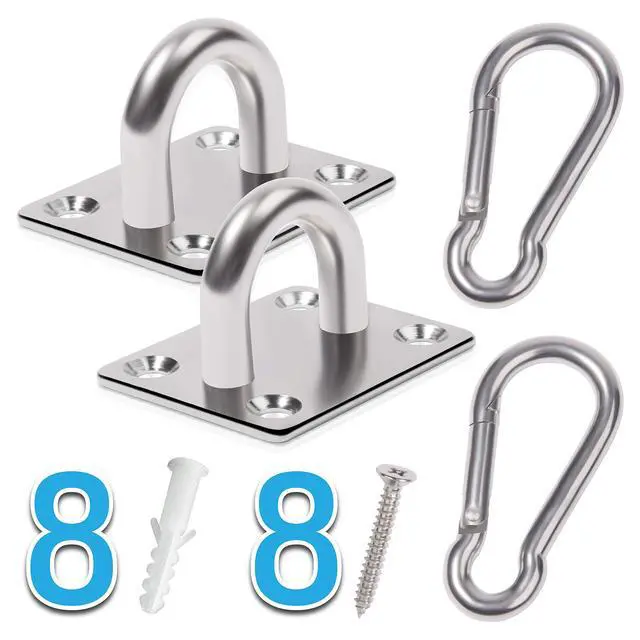 Alt view image 2 of 7 - Premium M8 Heavy-Duty Stainless Steel Pad Eye Snap Hook, Ceiling Hook, 4PCS | 2PCS Pad Eye Plate U Hooks + 2PCS Snap Hooks