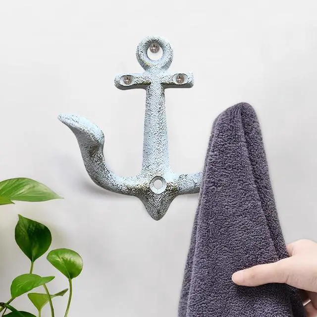 Alt view image 5 of 7 - Vintage Cast Iron Nautical Anchor Wall Hooks Coastal Towel Hooks Decorative Wall Mounted Hanger for Beach House Lake House or Bathroom Decor Rustic Nautical Towel Rack (White, 1 Pack)