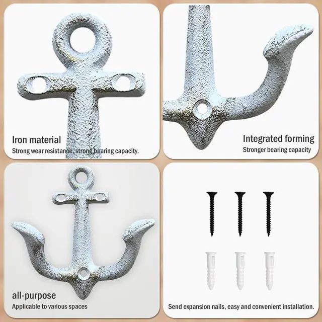 Alt view image 4 of 7 - Vintage Cast Iron Nautical Anchor Wall Hooks Coastal Towel Hooks Decorative Wall Mounted Hanger for Beach House Lake House or Bathroom Decor Rustic Nautical Towel Rack (White, 1 Pack)