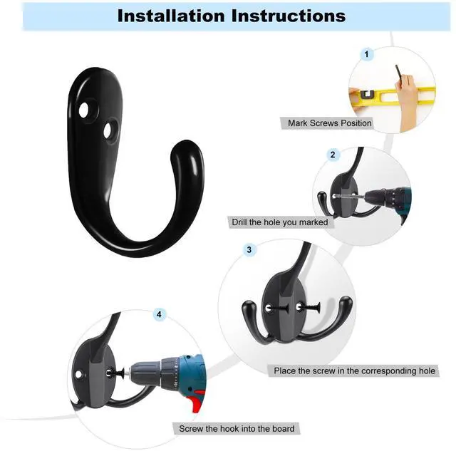 Alt view image 3 of 7 - 4 Pack Wall Hooks Wall Mounted Coat Hooks for Hanging Heavy Duty, Black Towel Hooks, Metal Single Coat Hanger with Screws Cup Retro for Coats, Handbags, Towels