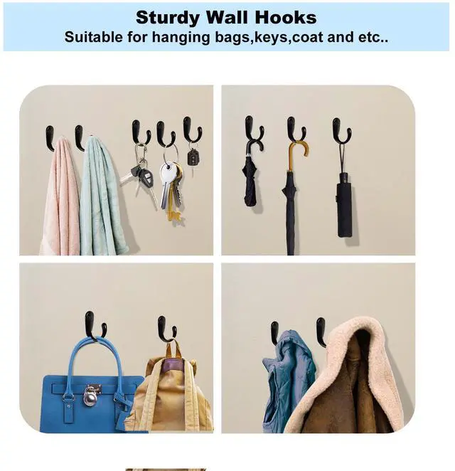 Alt view image 6 of 7 - 4 Pack Wall Hooks Wall Mounted Coat Hooks for Hanging Heavy Duty, Black Towel Hooks, Metal Single Coat Hanger with Screws Cup Retro for Coats, Handbags, Towels