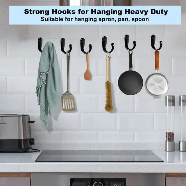Alt view image 4 of 7 - 4 Pack Wall Hooks Wall Mounted Coat Hooks for Hanging Heavy Duty, Black Towel Hooks, Metal Single Coat Hanger with Screws Cup Retro for Coats, Handbags, Towels