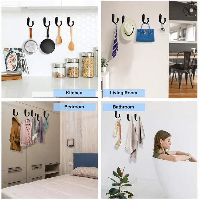 Alt view image 7 of 7 - 4 Pack Wall Hooks Wall Mounted Coat Hooks for Hanging Heavy Duty, Black Towel Hooks, Metal Single Coat Hanger with Screws Cup Retro for Coats, Handbags, Towels