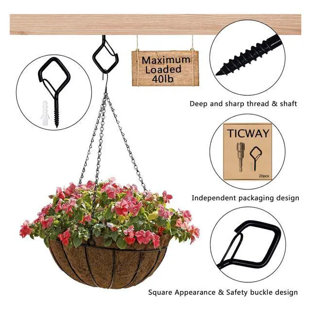 Alt view image 3 of 7 - 20 PCS Q-Hanger Hooks for String Lights, Ceiling Hooks for Hanging Plants, Wind Chimes, Bird Feeders, Lanterns, Christmas Decorations (Square Hanger) Black