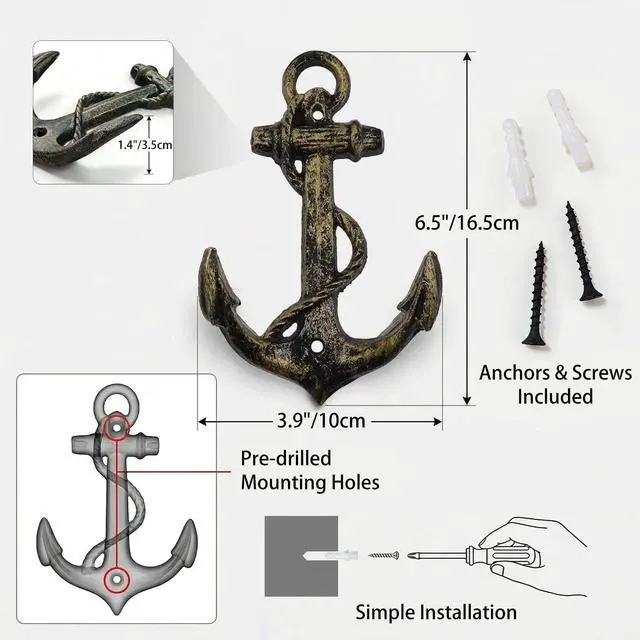 Alt view image 2 of 7 - Nautical Anchor Hooks Antique Bronze Cast Iron Decorative Wall Hook, Treasures of The Caribbean Islands 1 Pack