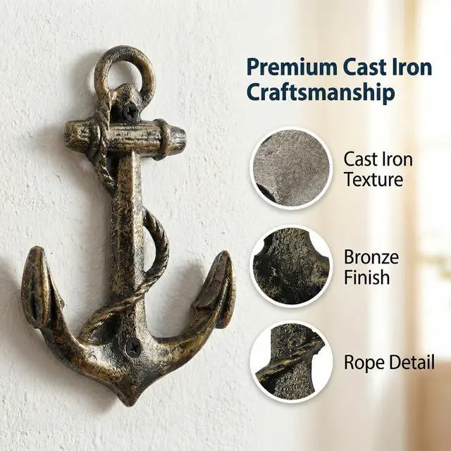 Alt view image 4 of 7 - Nautical Anchor Hooks Antique Bronze Cast Iron Decorative Wall Hook, Treasures of The Caribbean Islands 1 Pack