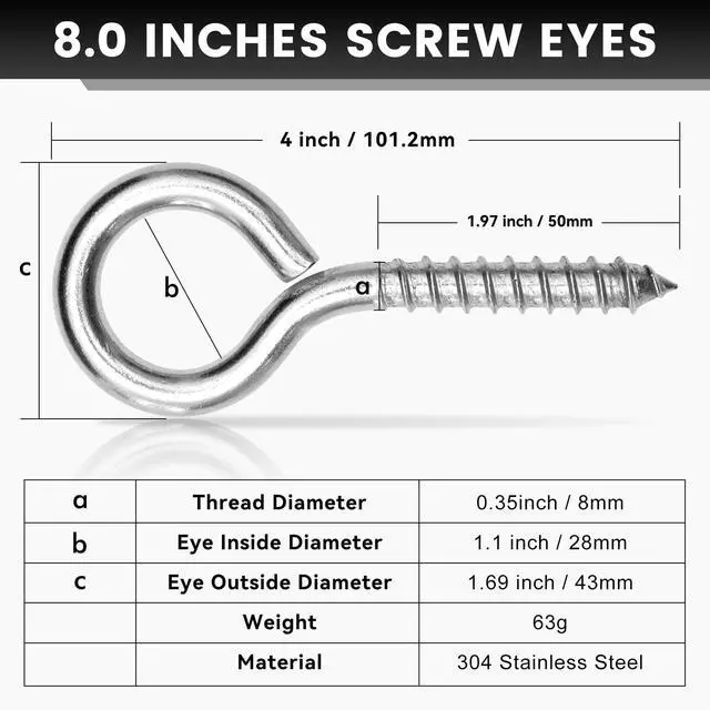 Alt view image 2 of 6 - 2Pcs Self Tapping Eyelet Screw Eye Bolt4 Inch Heavy Duty Screw Eyes Hooks M8 Wooden Large Screw Eye HookLoad Capacity 500 Lbs for Hammock YogaHeavy Indoor Outdoor Uses (2, M8-4 INCH)