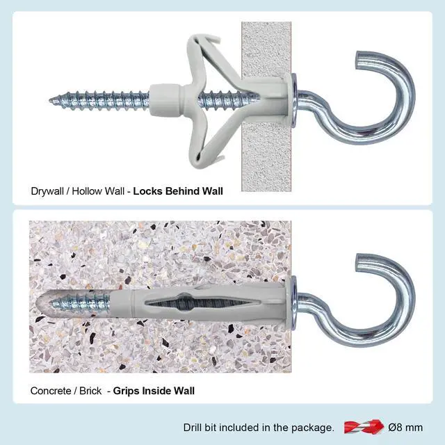 Alt view image 3 of 7 - #10 x 3-1/4" Screw-in Cup Hooks with Wall Anchors, Heavy Duty Metal Hooks for Drywall, Concrete, Brick & Wood, 12-Pack YJT4081
