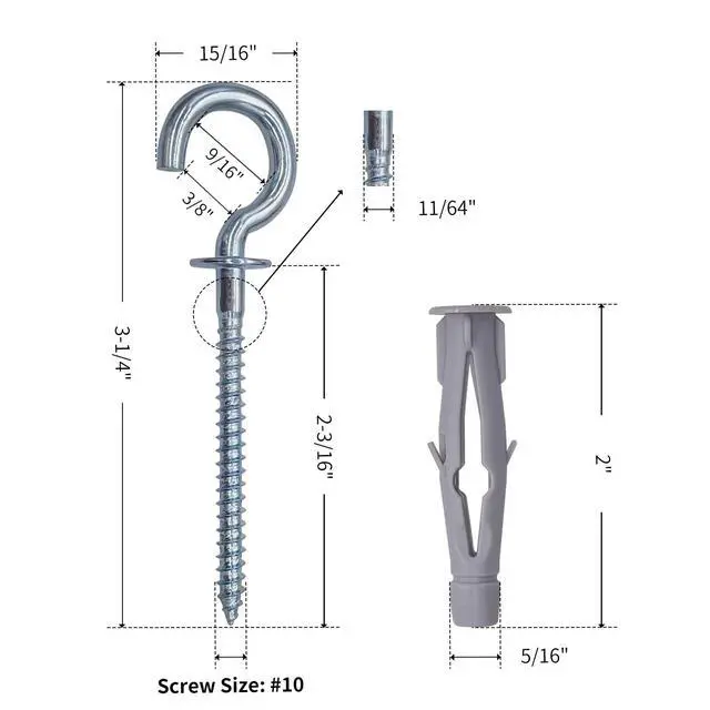 Alt view image 2 of 7 - #10 x 3-1/4" Screw-in Cup Hooks with Wall Anchors, Heavy Duty Metal Hooks for Drywall, Concrete, Brick & Wood, 12-Pack YJT4081