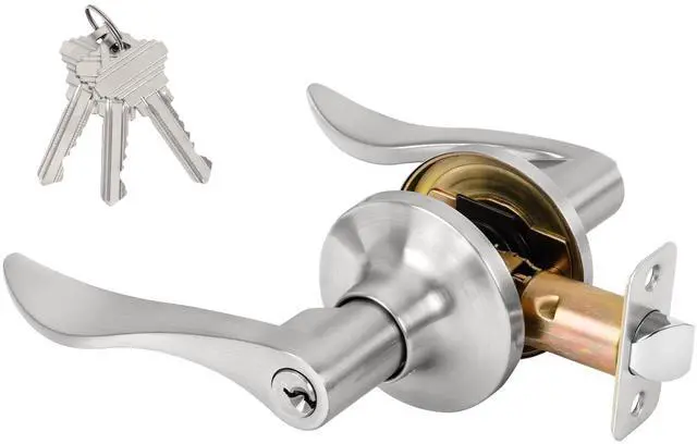 Main image of Keyed Entry Door Lever, Door Handle with Lock and Key, Exterior Interior Door Handle for Bedroom, Wave Style Lever Satin Nickel, Reversible for Left/Right