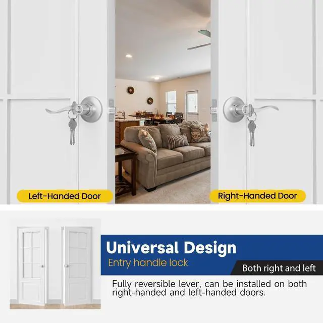 Alt view image 5 of 7 - Keyed Entry Door Lever, Door Handle with Lock and Key, Exterior Interior Door Handle for Bedroom, Wave Style Lever Satin Nickel, Reversible for Left/Right