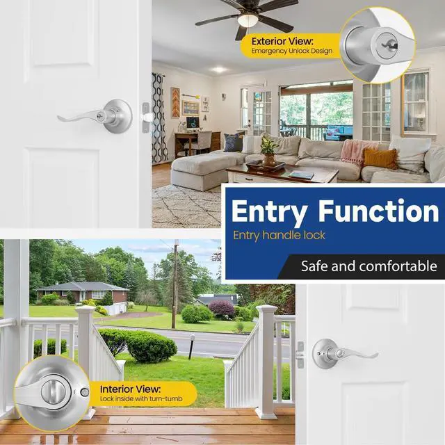 Alt view image 4 of 7 - Keyed Entry Door Lever, Door Handle with Lock and Key, Exterior Interior Door Handle for Bedroom, Wave Style Lever Satin Nickel, Reversible for Left/Right
