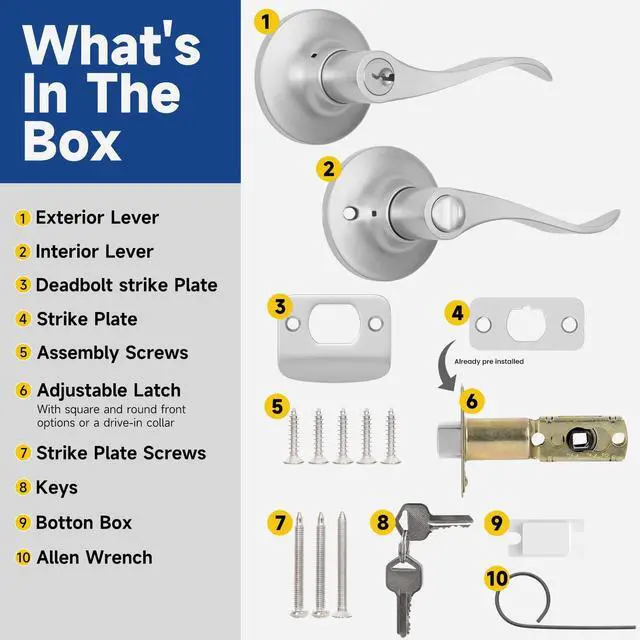 Alt view image 6 of 7 - Keyed Entry Door Lever, Door Handle with Lock and Key, Exterior Interior Door Handle for Bedroom, Wave Style Lever Satin Nickel, Reversible for Left/Right
