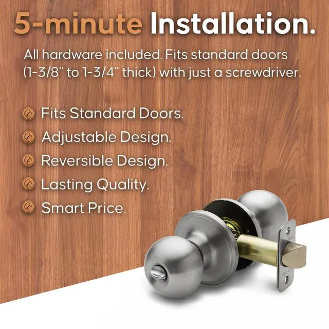 Alt view image 3 of 7 - Privacy Interior Door Knob ANSI Grade-3 Certified, Modern Heavy Duty Handle, Easy Install and Reversible for Bedroom, Bathroom & Closets Satin Stainless (1 Pack)