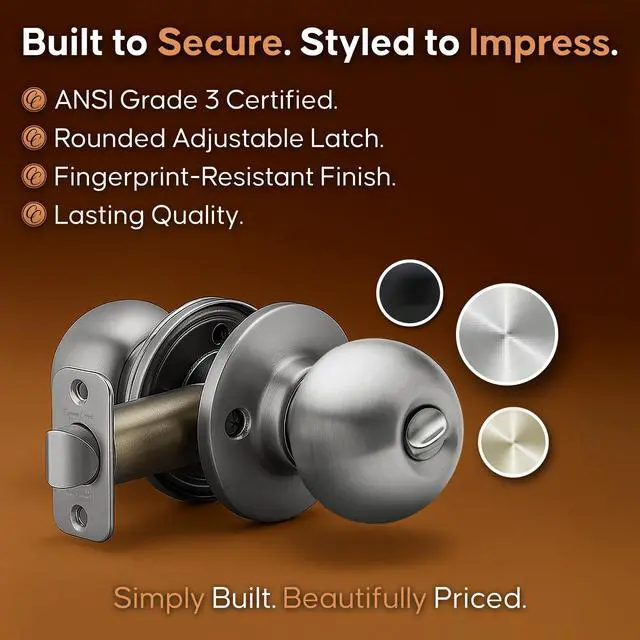 Alt view image 5 of 7 - Privacy Interior Door Knob ANSI Grade-3 Certified, Modern Heavy Duty Handle, Easy Install and Reversible for Bedroom, Bathroom & Closets Satin Stainless (1 Pack)