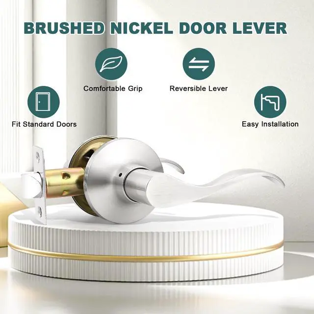 Alt view image 2 of 7 - 1 Pack Passage Lever Door Handles Satin Nickel Door Levers for Closet Door Lock Keyless Interior Door Handle with Lock Wave Lever