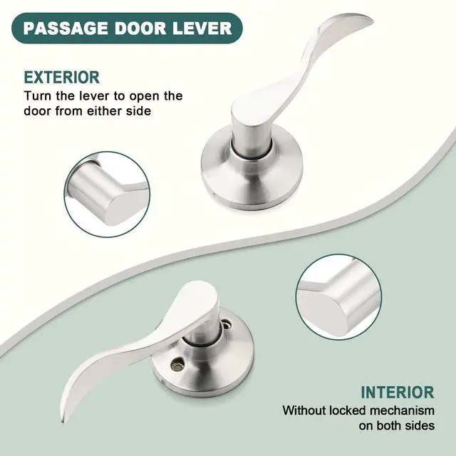 Alt view image 3 of 7 - 1 Pack Passage Lever Door Handles Satin Nickel Door Levers for Closet Door Lock Keyless Interior Door Handle with Lock Wave Lever