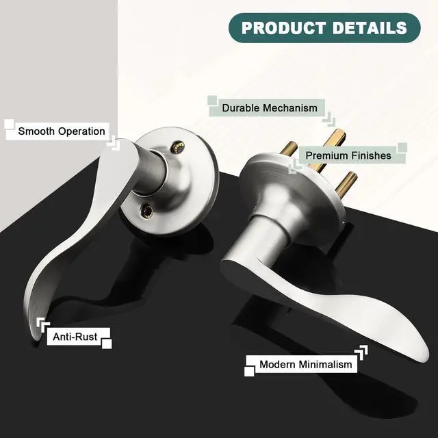 Alt view image 6 of 7 - 1 Pack Passage Lever Door Handles Satin Nickel Door Levers for Closet Door Lock Keyless Interior Door Handle with Lock Wave Lever