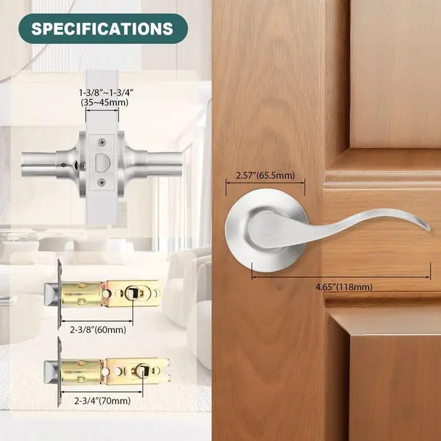 Alt view image 7 of 7 - 1 Pack Passage Lever Door Handles Satin Nickel Door Levers for Closet Door Lock Keyless Interior Door Handle with Lock Wave Lever