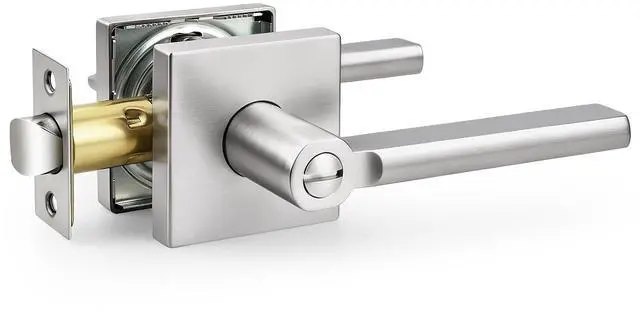 Main image of Door Handle Interior with Lock, Brushed Nickel Bedroom Bathroom Lever, Heavy Duty Square Reversible for Right or Left Side Doors, 1 Pack