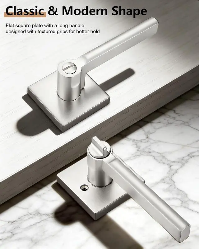 Alt view image 4 of 7 - Door Handle Interior with Lock, Brushed Nickel Bedroom Bathroom Lever, Heavy Duty Square Reversible for Right or Left Side Doors, 1 Pack