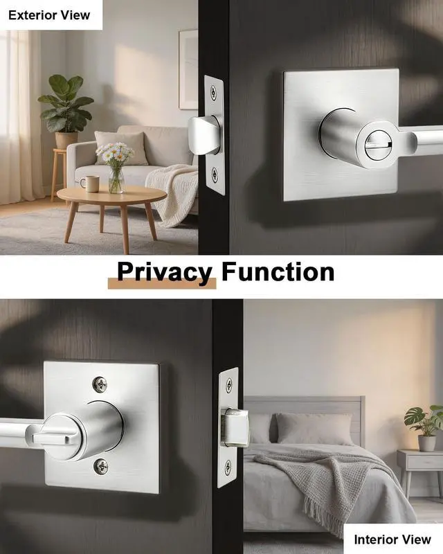 Alt view image 5 of 7 - Door Handle Interior with Lock, Brushed Nickel Bedroom Bathroom Lever, Heavy Duty Square Reversible for Right or Left Side Doors, 1 Pack